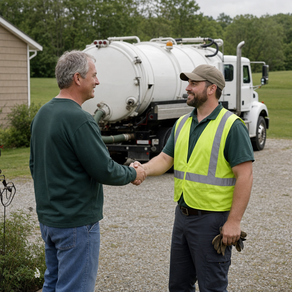 A septic technician shaking a West New York homeowner's hand beside the service truck after a completed pump-out