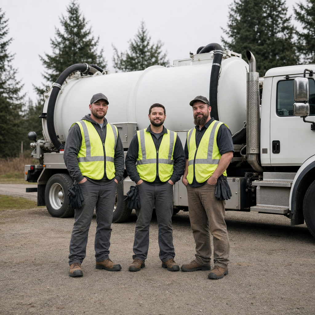 The West New York septic pumping crew standing together beside their clean white vacuum truck on a residential street