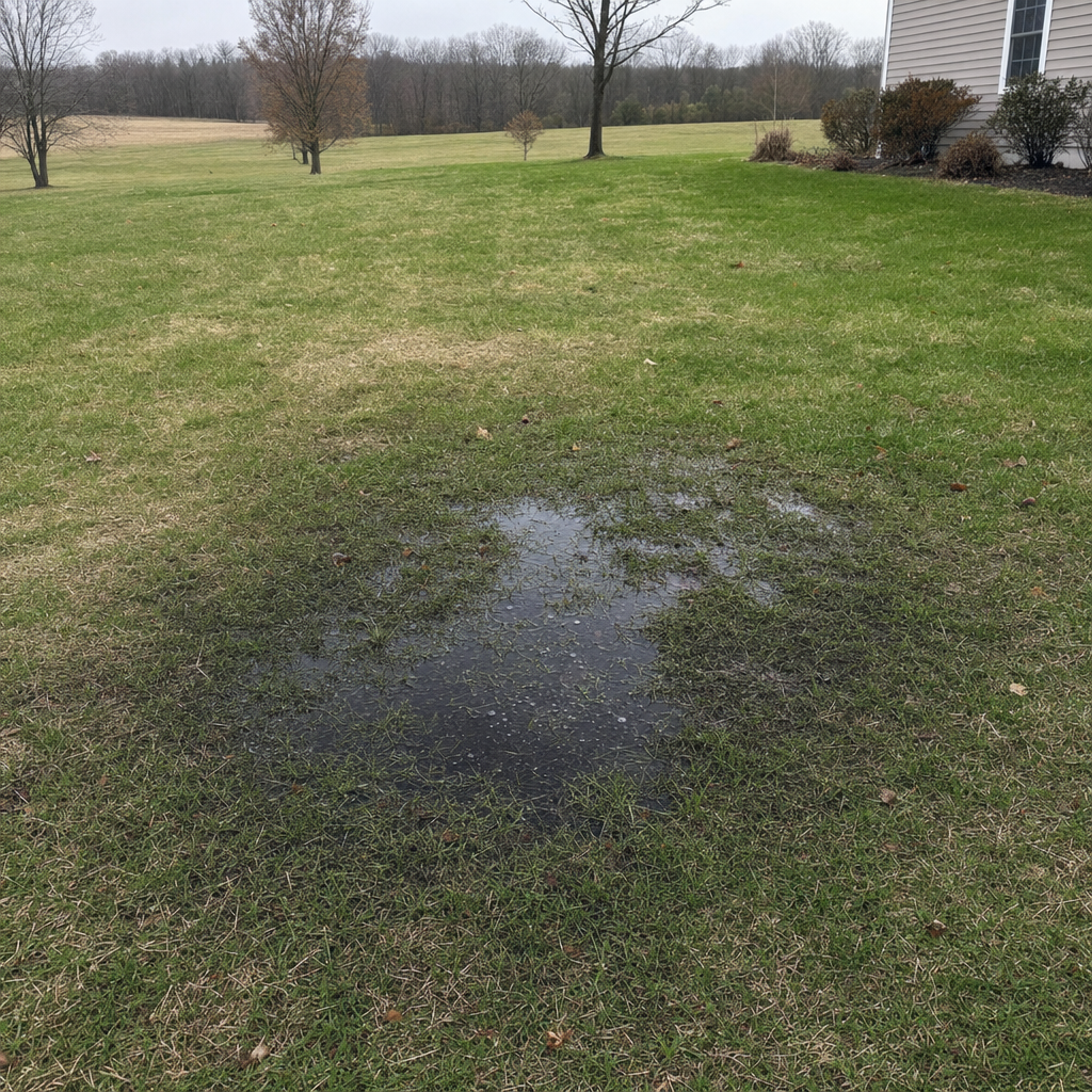 A dark, saturated wet spot in a West New York backyard lawn marking a failing cesspool at capacity