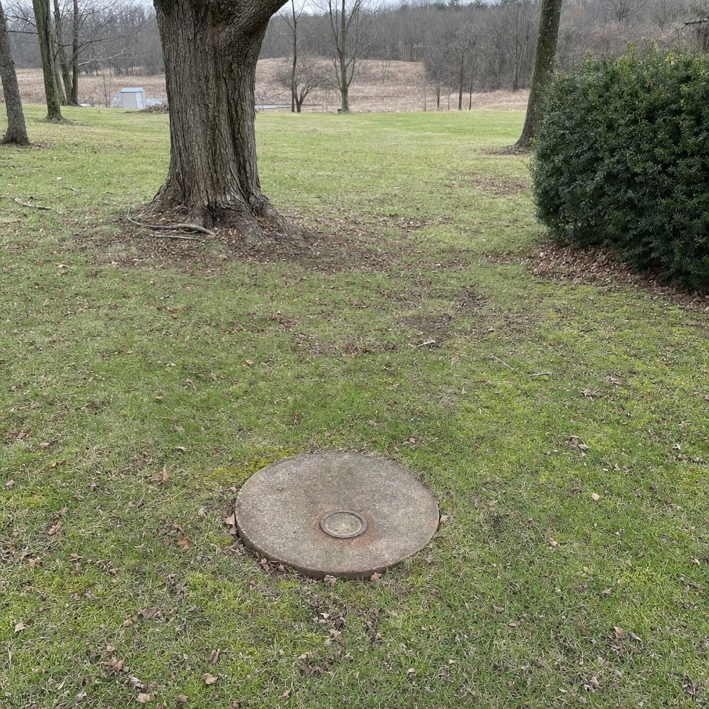 An older round cesspool access lid set flush in an established, mature West New York backyard lawn