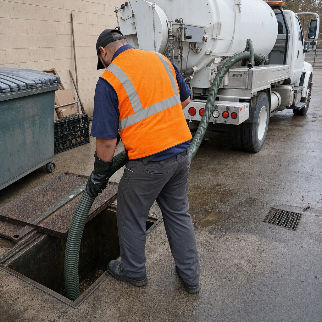 Technician pumping a grease trap behind a West New York restaurant