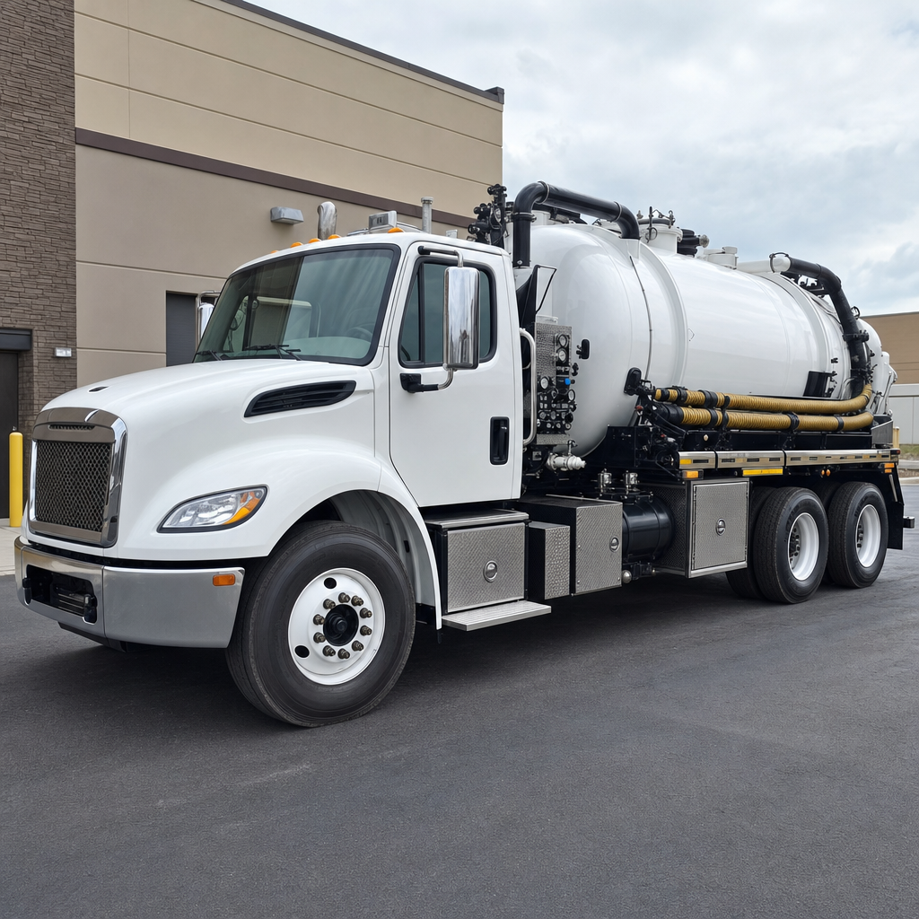 Commercial septic vacuum truck parked in a West New York business parking lot