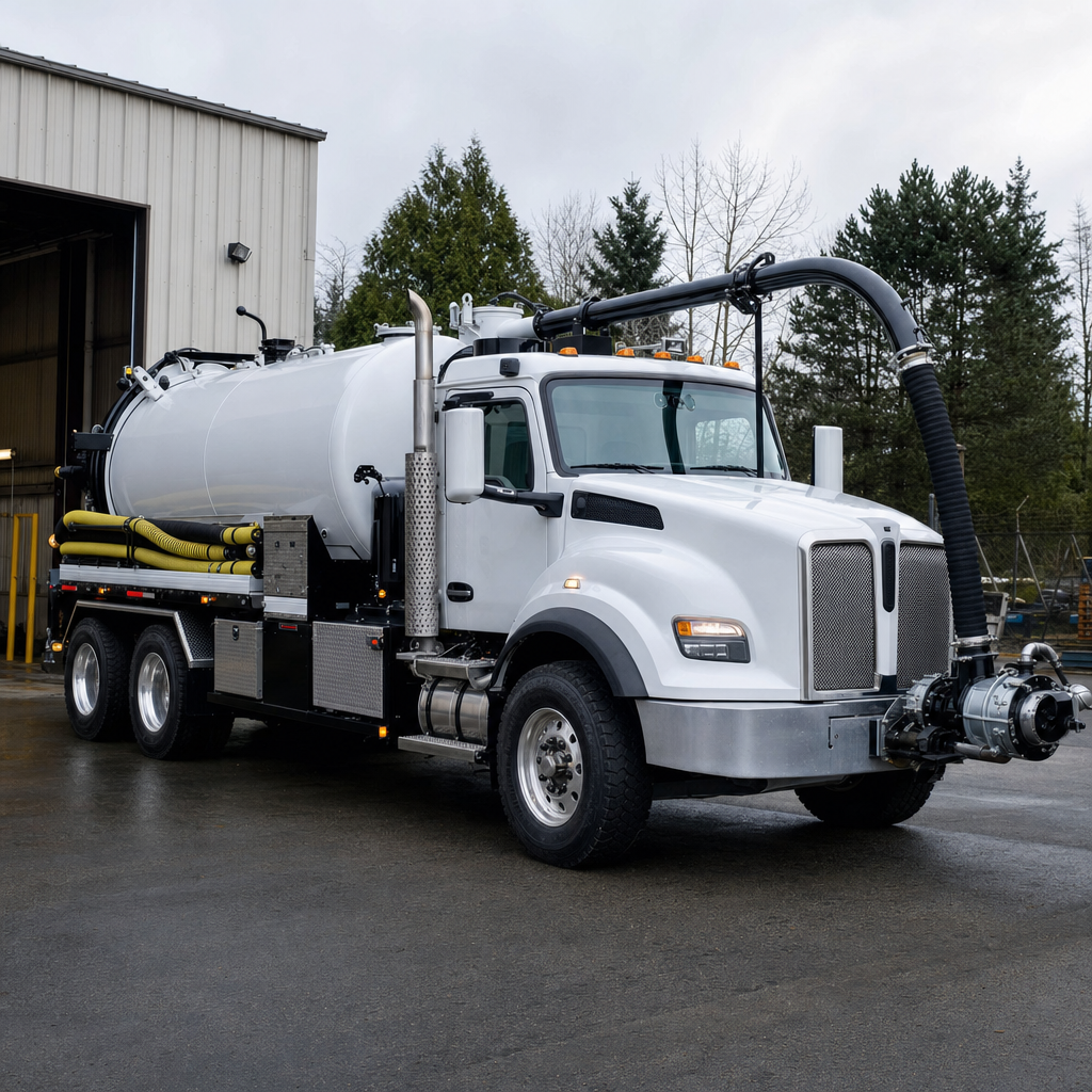 A clean white septic vacuum truck rolling out of a tidy West New York service depot at the start of the day