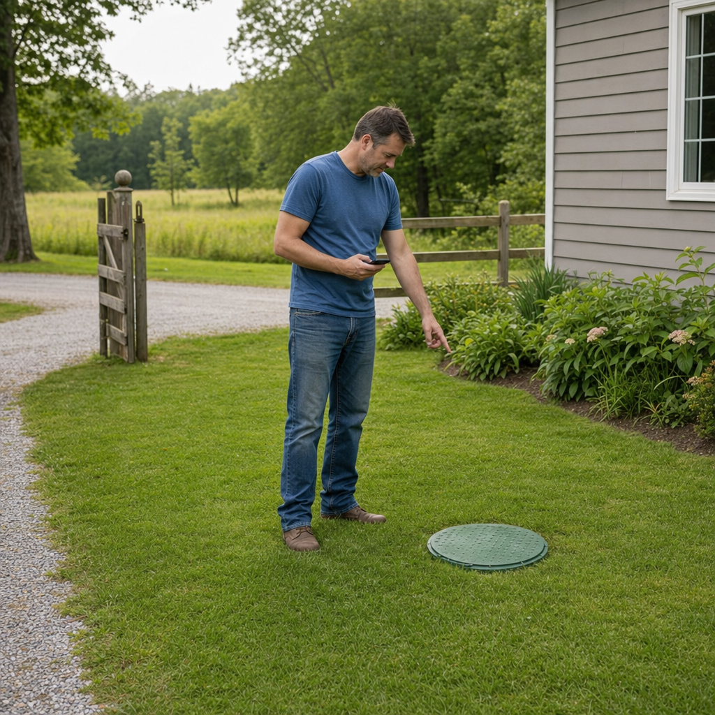 A West New York-area homeowner standing in the backyard noting where the septic tank lid and access route are located