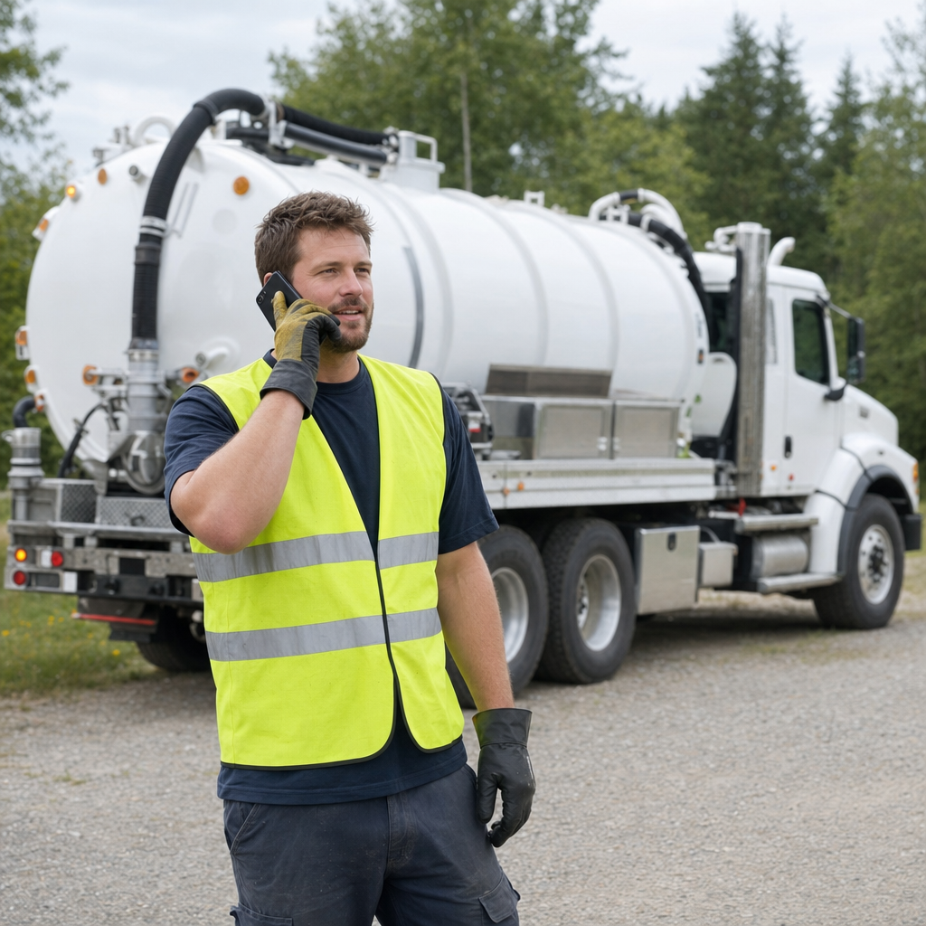 A friendly septic dispatcher holding a phone, ready to answer a West New York homeowner's call about a pump-out