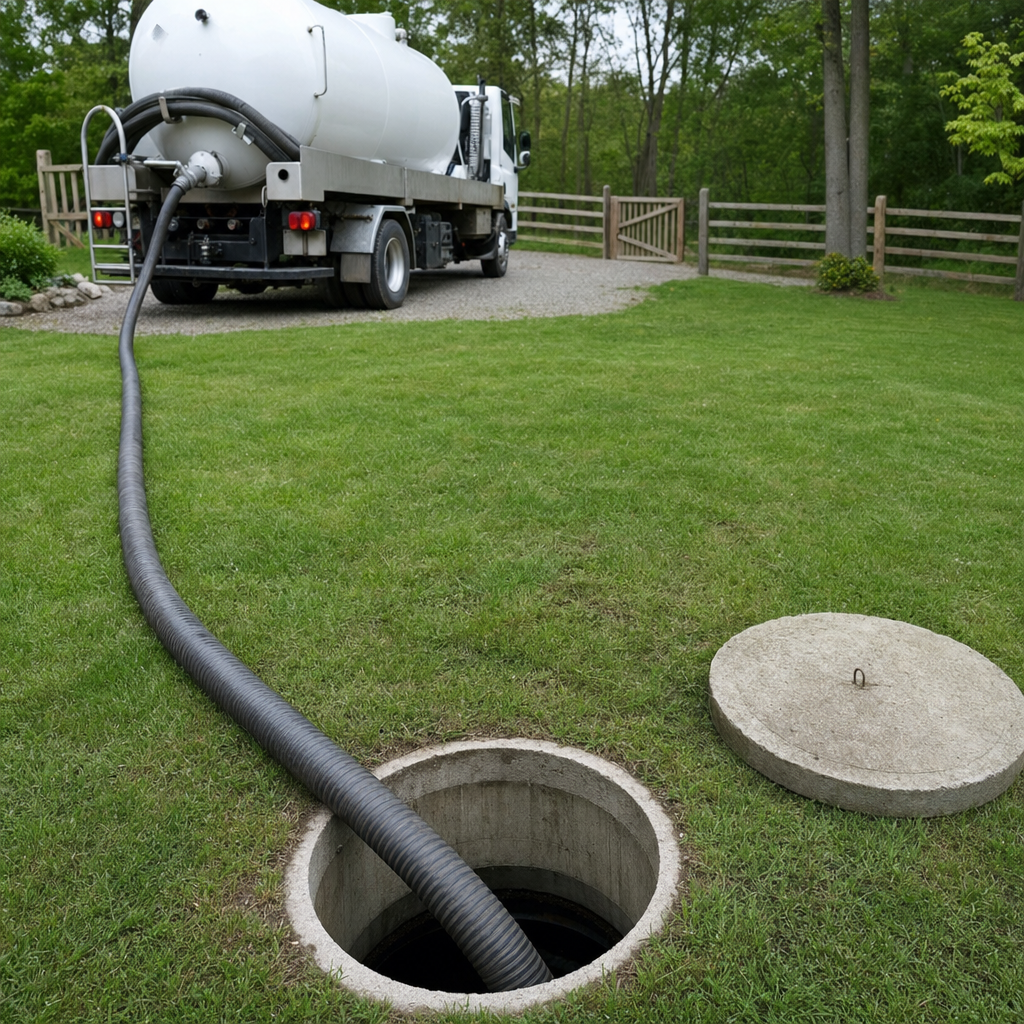 Suction hose connected to an open septic tank, drawing it down in a tidy West New York yard