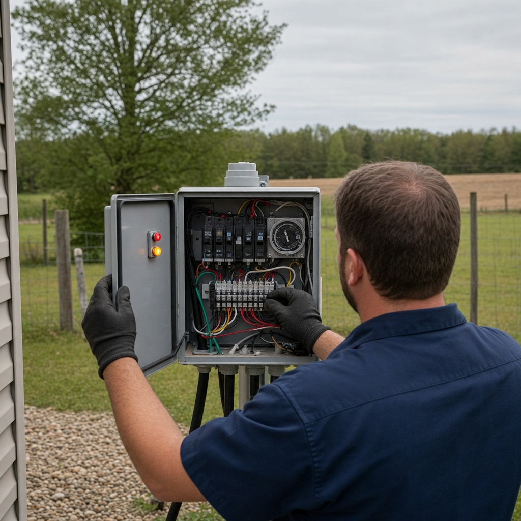 Technician checking an aerobic septic control box with a lit red high-water alarm during a same-day West New York visit