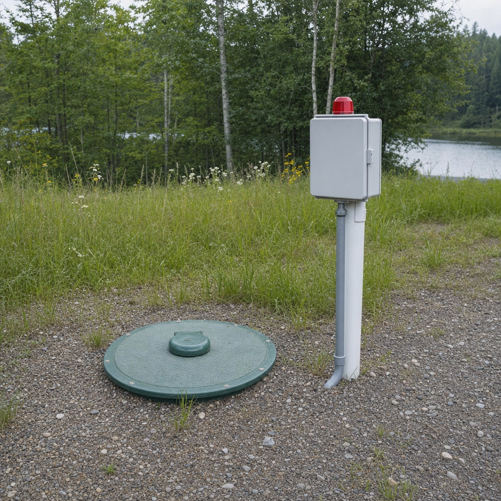 A wastewater holding tank access lid set in the ground at a rural West New York-area cabin, with a mounted high-level float alarm panel nearby
