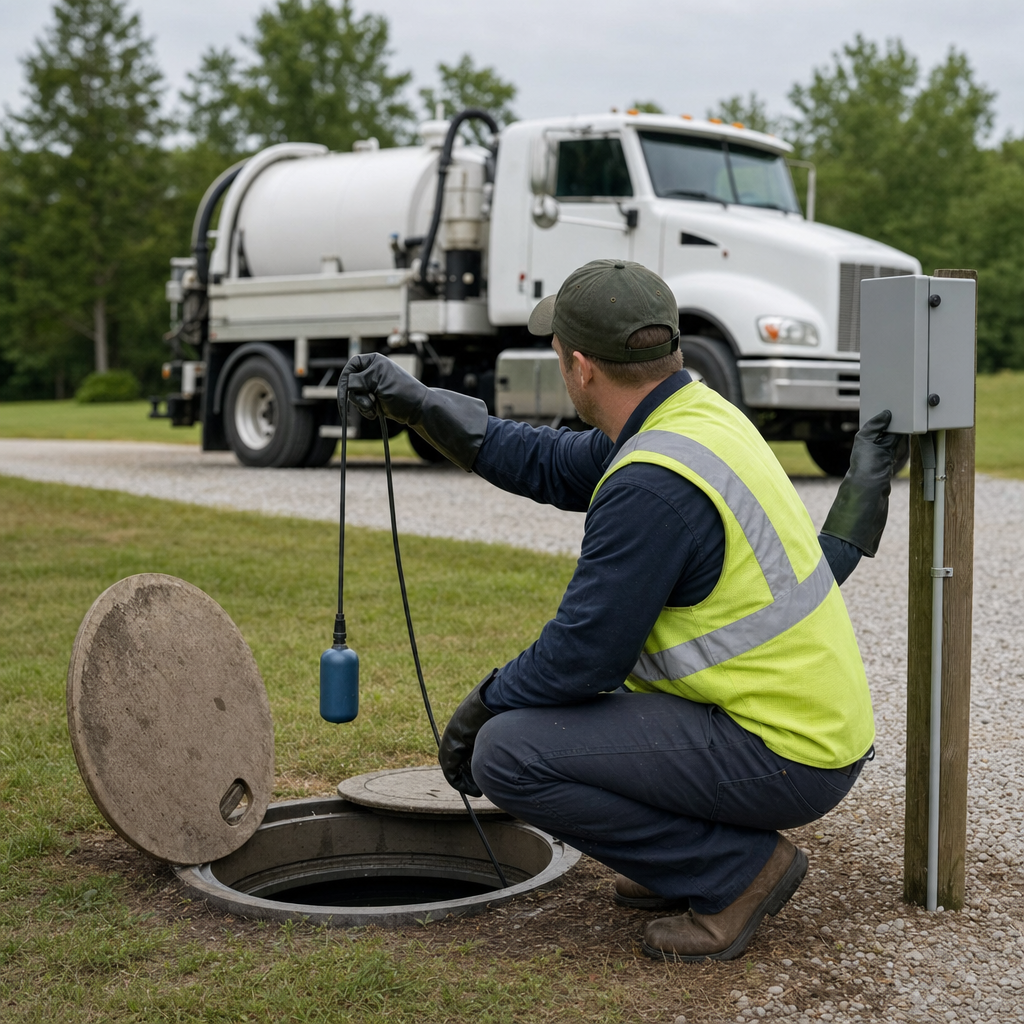 A septic technician in a high-visibility vest checking a high-level float switch and alarm panel on a holding tank at a rural West New York-area site
