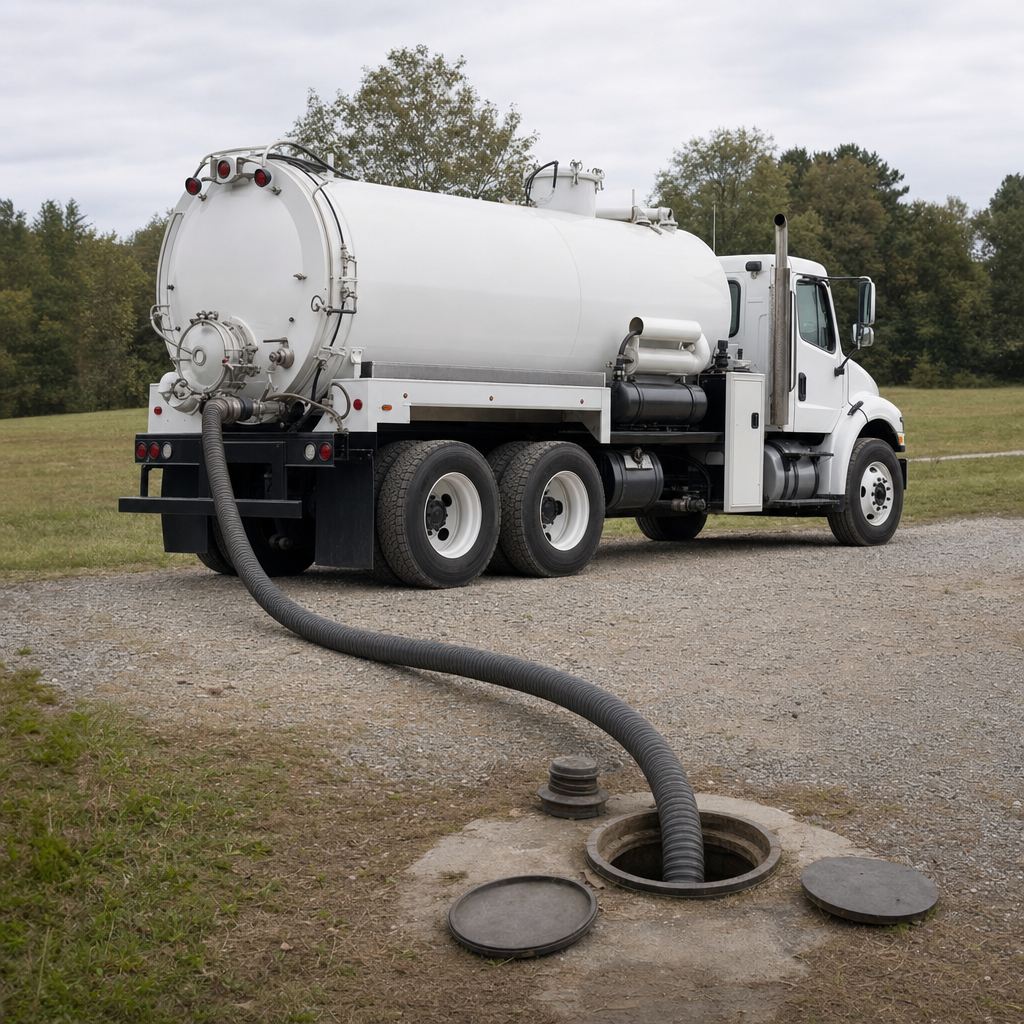 An unmarked white vacuum truck emptying a wastewater holding tank on a scheduled visit at a rural West New York-area property, thick suction hose running to the tank lid