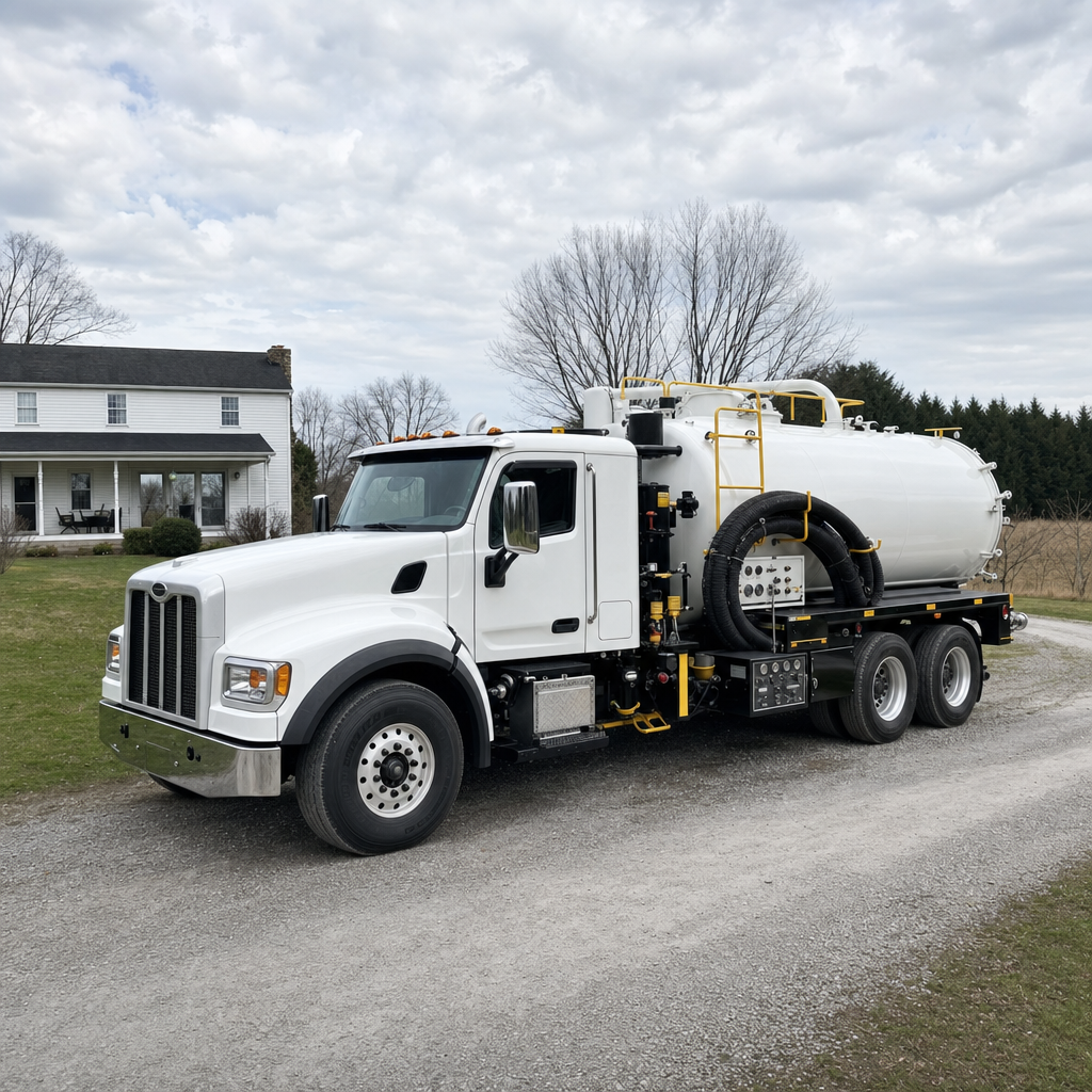 A clean white septic vacuum truck parked on a tidy West New York driveway with the suction hose neatly coiled
