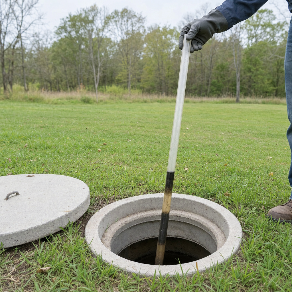 A septic sludge-judge measuring stick lowered into an open West New York septic tank to read the depth of the sludge and scum layers before deciding whether a pump-out is due