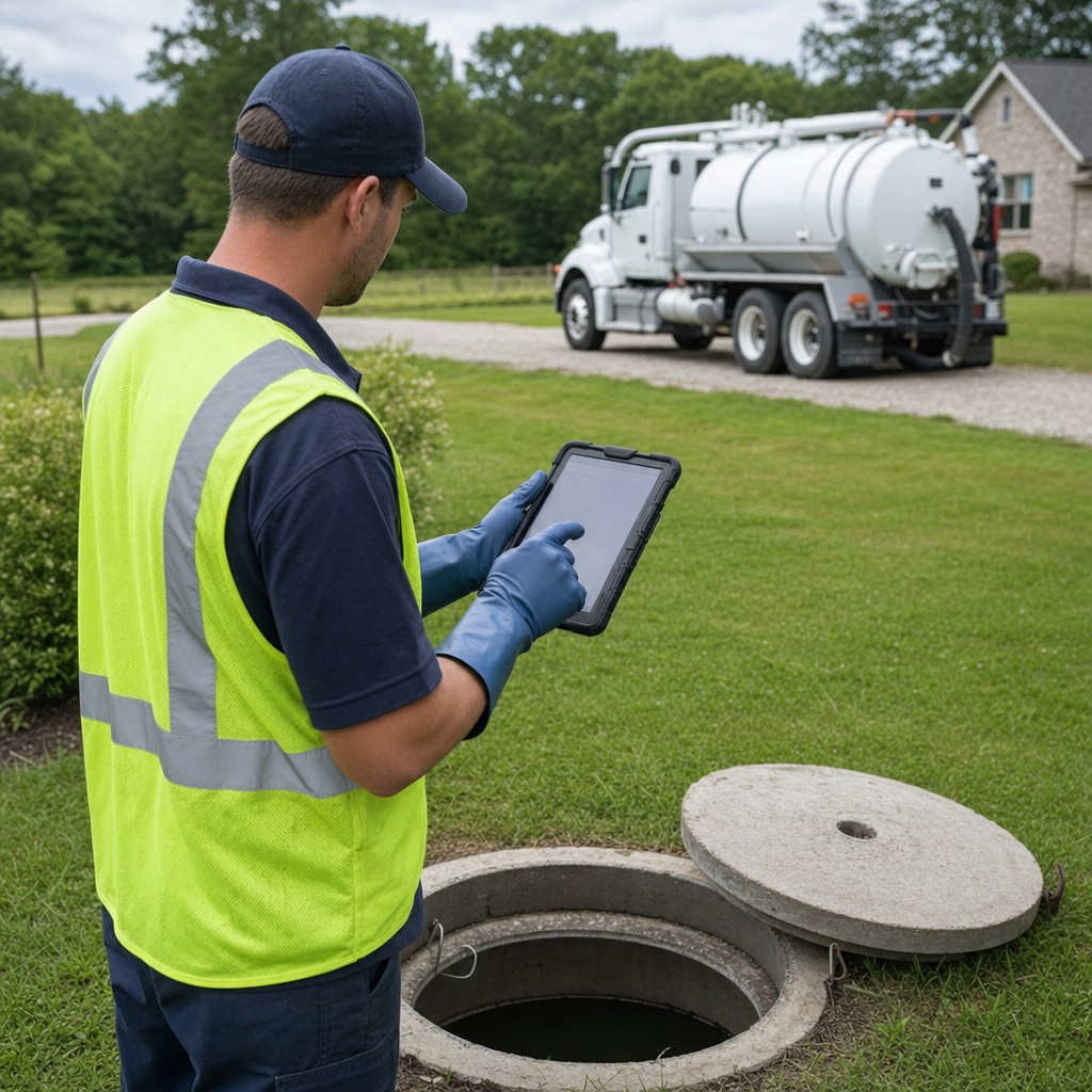 A septic technician recording a West New York home's pump-out date and tank condition on a tablet beside an open access lid, tracking the service history that sets the next due date