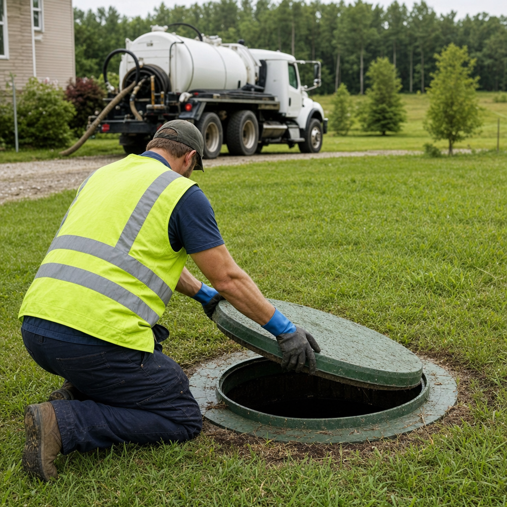Septic technician kneeling on a West New York lawn, lifting the access lid on a residential septic tank