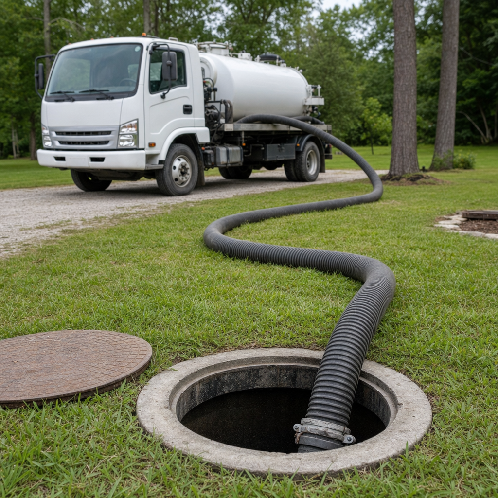 Thick ribbed suction hose lowered into a clean open septic tank port on a tidy West New York backyard lawn