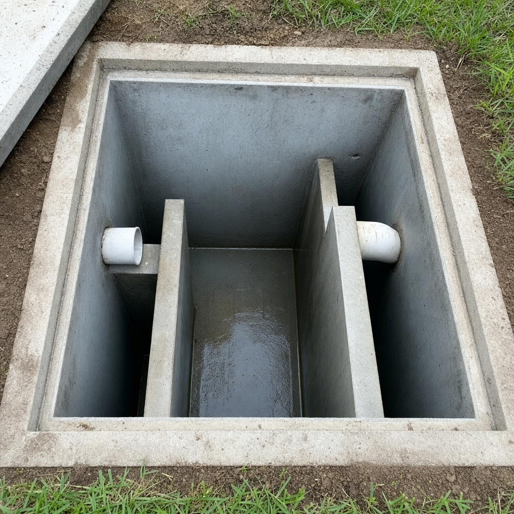 Inspection of the concrete baffles inside an open, emptied and freshly cleaned West New York septic tank