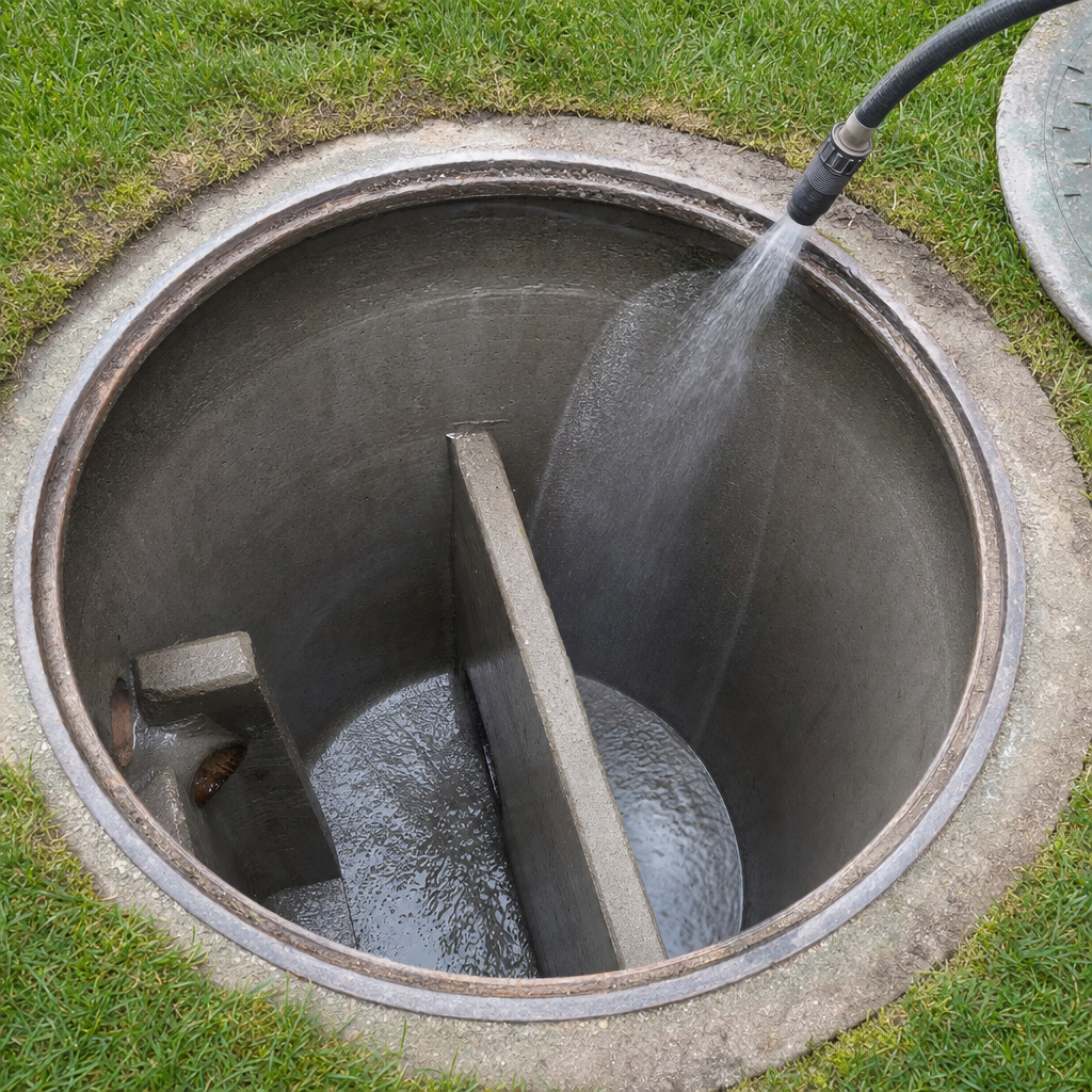 Interior concrete walls of an emptied West New York septic tank being rinsed clean with the truck's onboard water hose