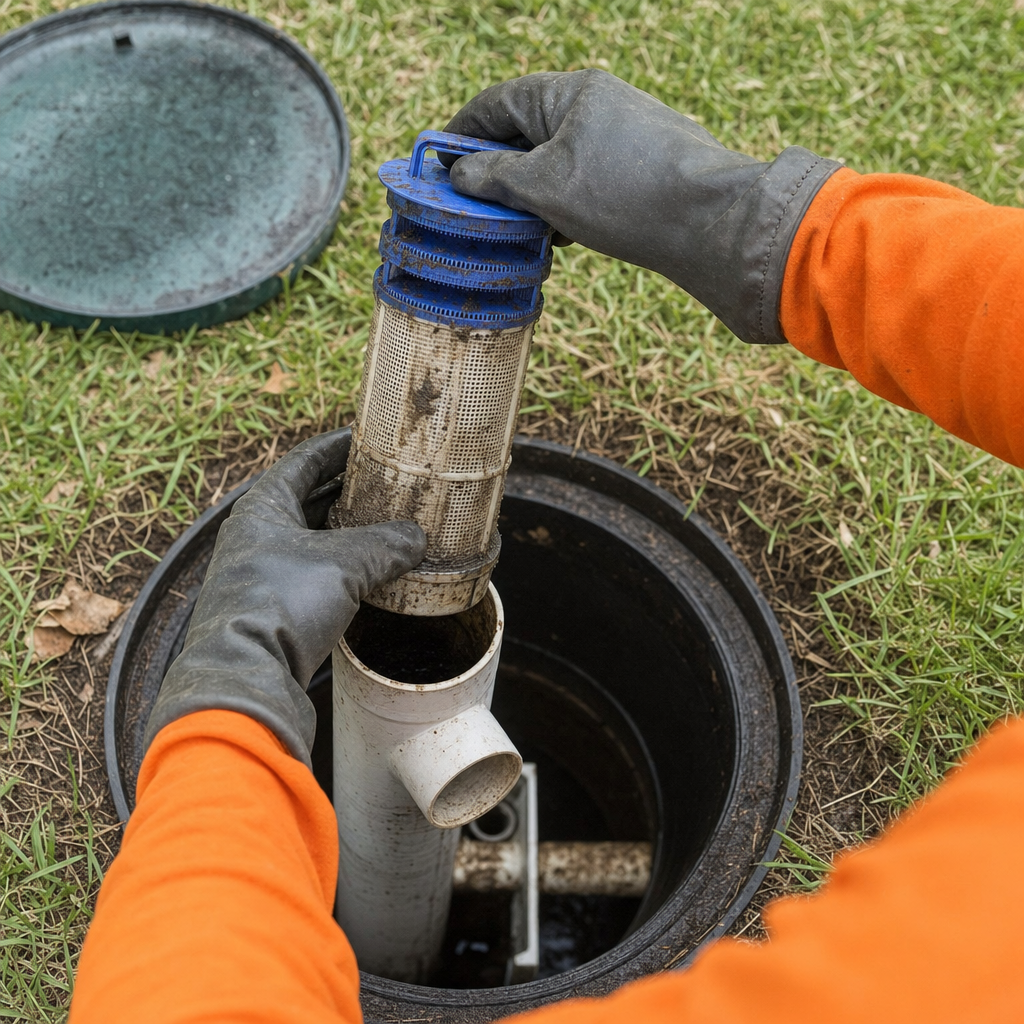Septic technician's gloved hands lifting the effluent filter cartridge out of the outlet housing on a West New York septic tank