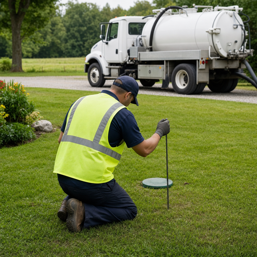 Septic technician kneeling on a West New York lawn, probing to locate and measure the depth of a buried septic tank lid before pumping