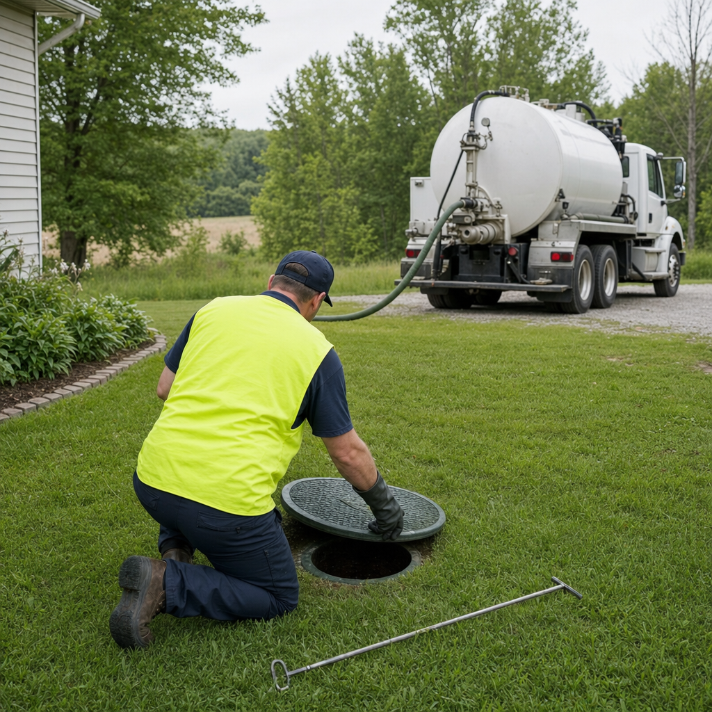 Septic technician kneeling on a West New York lawn, lifting the buried access lid on a residential septic tank