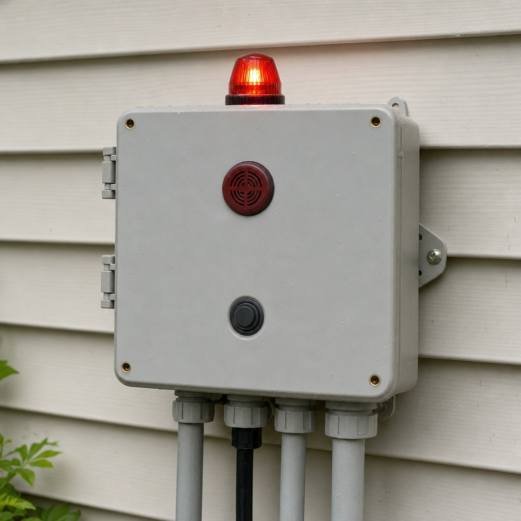 An aerobic septic system control panel mounted outside a West New York home with its red high-water alarm light lit