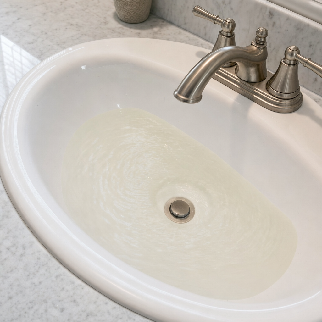 A bathroom sink draining slowly with water pooled in the basin, an early warning sign that a West New York septic tank is full
